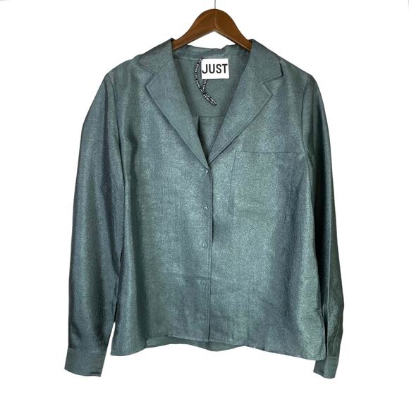 JUST Female Mae Shirt Jade Green Shiny Texture Button Up Long Sleeve Blouse - Picture 10 of 15